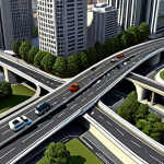 **Creating new roads to reduce traffic jams in a city.** (Focus: Urban planning, GIS data visualization showing traffic flow and proposed road construction.)