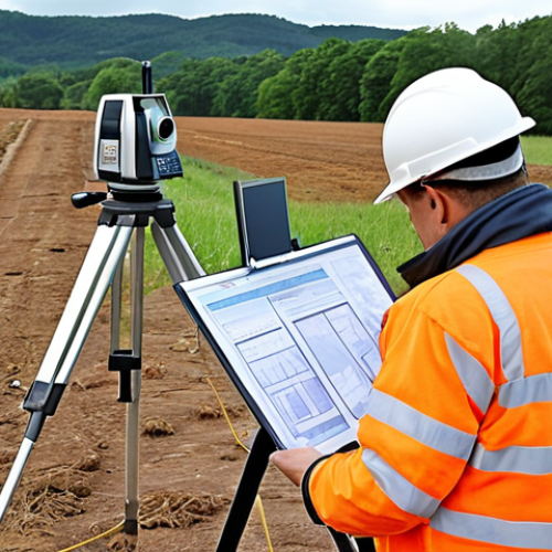 Home 14 **A land surveyor using modern equipment in a rural area, focusing on land management and record creation for the Land and Revenue Department.** (This visualizes the career opportunities in land management.)