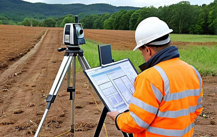 **A land surveyor using modern equipment in a rural area, focusing on land management and record creation for the Land and Revenue Department.** (This visualizes the career opportunities in land management.)