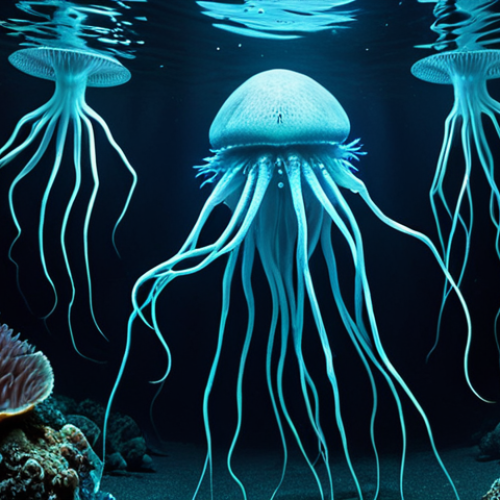 Home 7 **Deep Sea Creatures:** Bioluminescent deep-sea creatures in a dark, high-pressure environment, with emphasis on their adaptation to the extreme conditions.