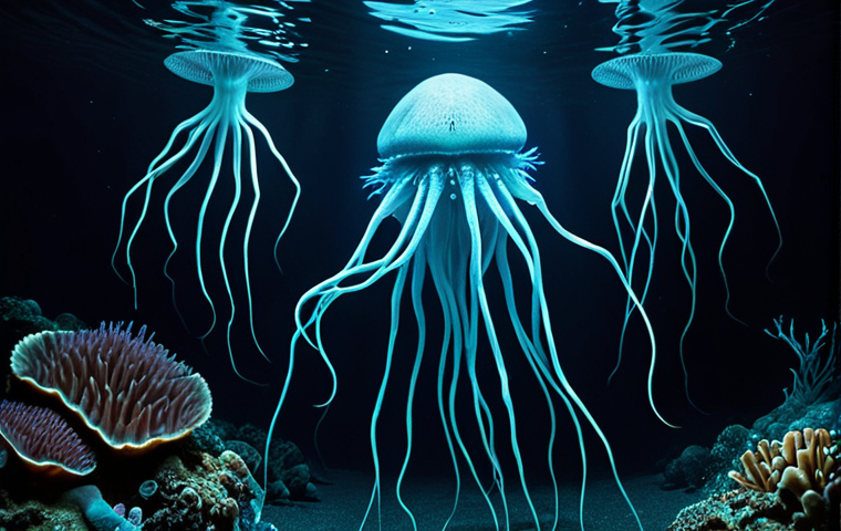 **Deep Sea Creatures:** Bioluminescent deep-sea creatures in a dark, high-pressure environment, with emphasis on their adaptation to the extreme conditions.