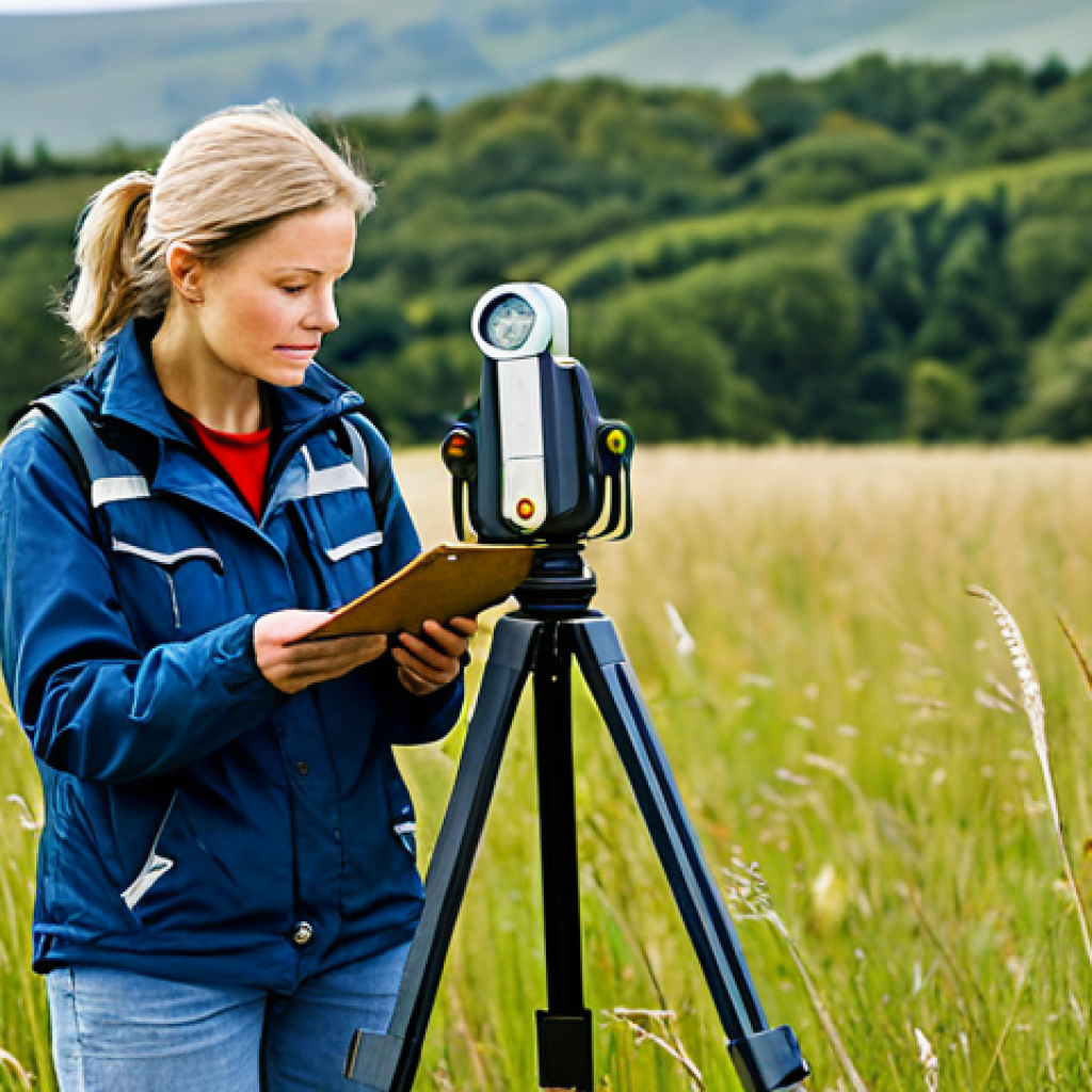 지리학 실습 - "A professional female geographer in appropriate attire, standing in a field using a compass for sur...