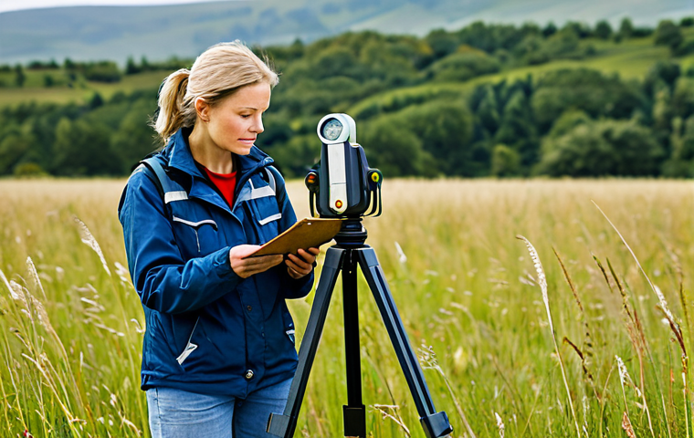 지리학 실습 - "A professional female geographer in appropriate attire, standing in a field using a compass for sur...