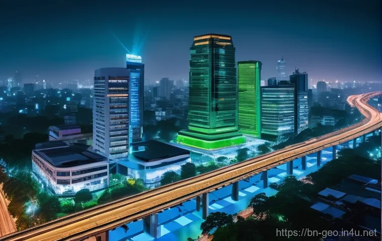 GIS 경력 개발 - **Prompt:** A vibrant, futuristic cityscape of Dhaka, Bangladesh, at dusk. Skyscrapers are illuminat...