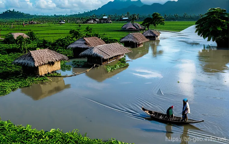 환경 보호 지리학 - **Climate Change Impact & Community Resilience:**
    "An atmospheric wide shot of a coastal village...