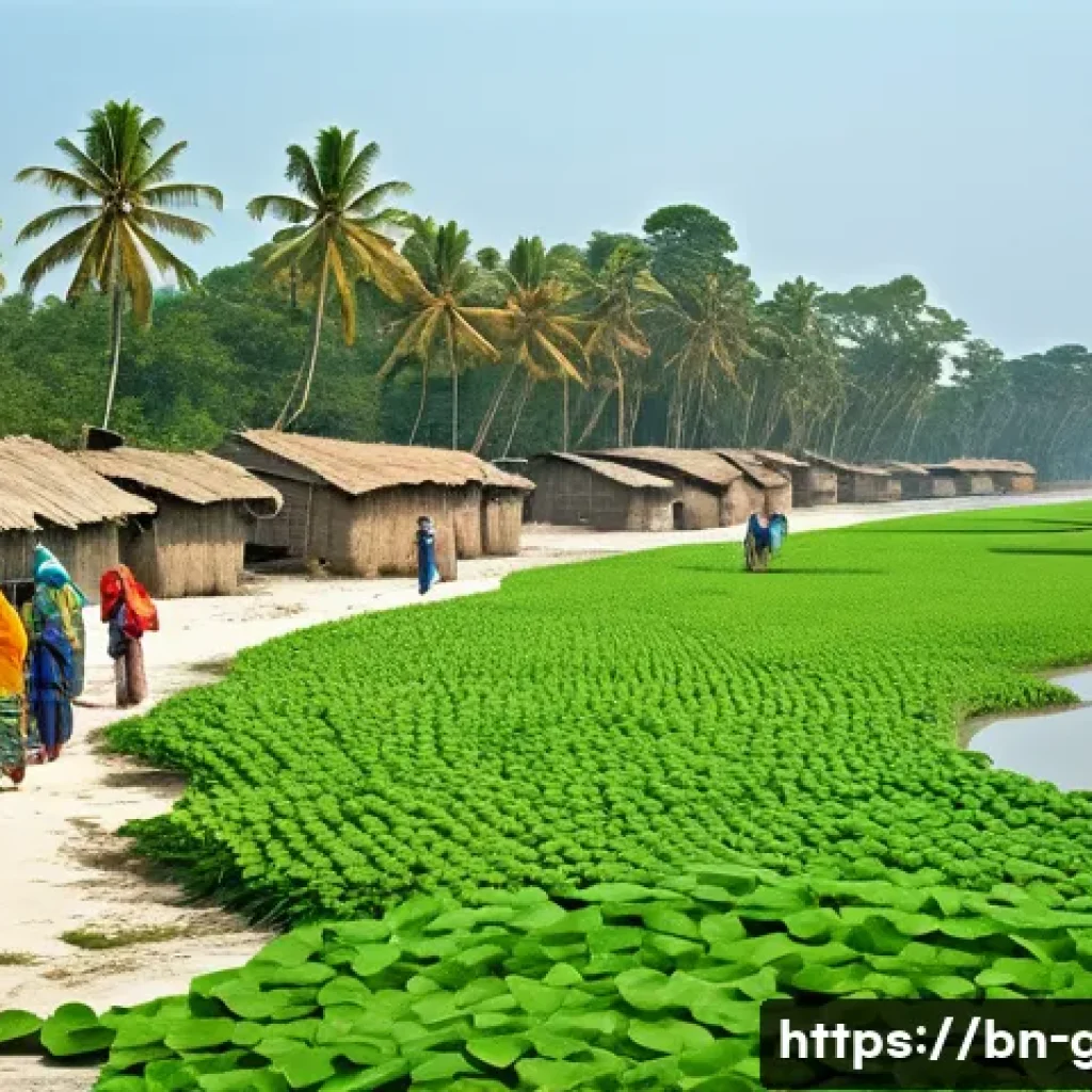 지리학적 관점에서의 자원 보존 - **Prompt:** A vibrant, optimistic scene depicting a resilient coastal village in Bangladesh. In the ...