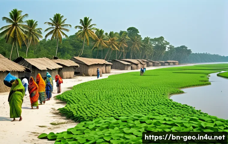 지리학적 관점에서의 자원 보존 - **Prompt:** A vibrant, optimistic scene depicting a resilient coastal village in Bangladesh. In the ...
