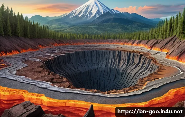 지리학 연구 발표 - A detailed cross-sectional illustration of the Earth showcasing its three main layers: the fiery iro...