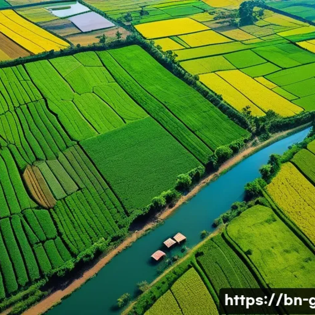 지리학적 응용 연구 - A detailed aerial view of a vibrant rural landscape in Bangladesh, showcasing lush green agricultura...