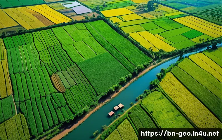 지리학적 응용 연구 - A detailed aerial view of a vibrant rural landscape in Bangladesh, showcasing lush green agricultura...