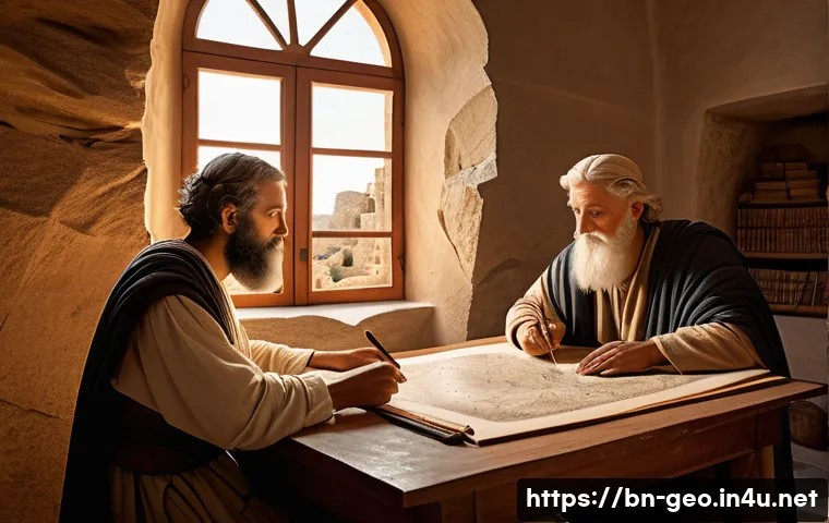 지리학의 발전 과정 - A detailed ancient Greek cartographer&rsquo;s workshop scene showing scholars like Herodotus and Pythagora...