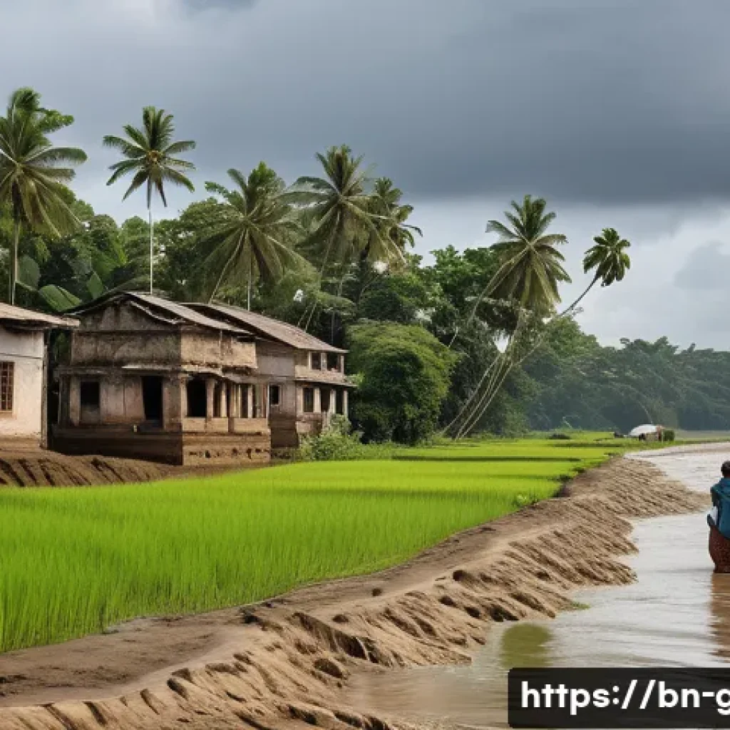 기후 변화 대응을 위한 지리학 - A detailed coastal village scene in southern Bengal showing the impact of rising sea levels: traditi...