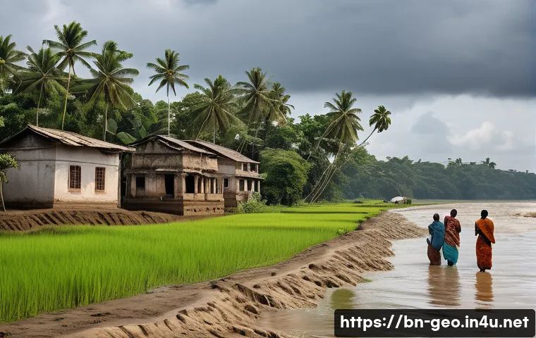 기후 변화 대응을 위한 지리학 - A detailed coastal village scene in southern Bengal showing the impact of rising sea levels: traditi...