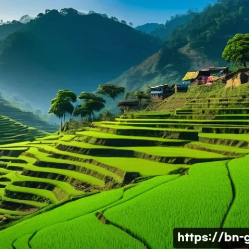 Home 31 지리학적 특성과 생활 환경 - A vibrant mountainous landscape in northern Bangladesh during early morning, showcasing terraced far...