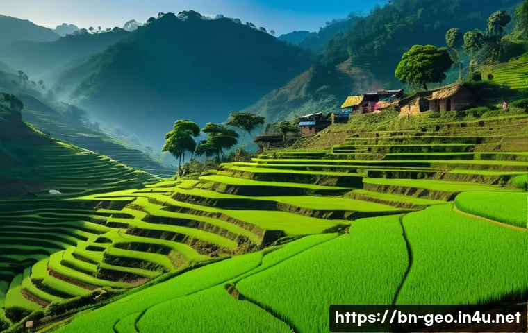 지리학적 특성과 생활 환경 - A vibrant mountainous landscape in northern Bangladesh during early morning, showcasing terraced far...