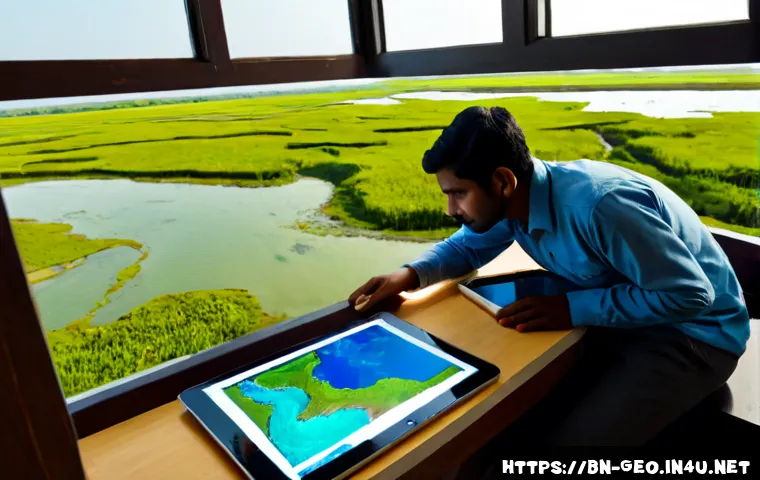 지리학의 미래 방향 - Photorealistic wide-angle scene of a young Bengali geographer and an older field researcher studying...
